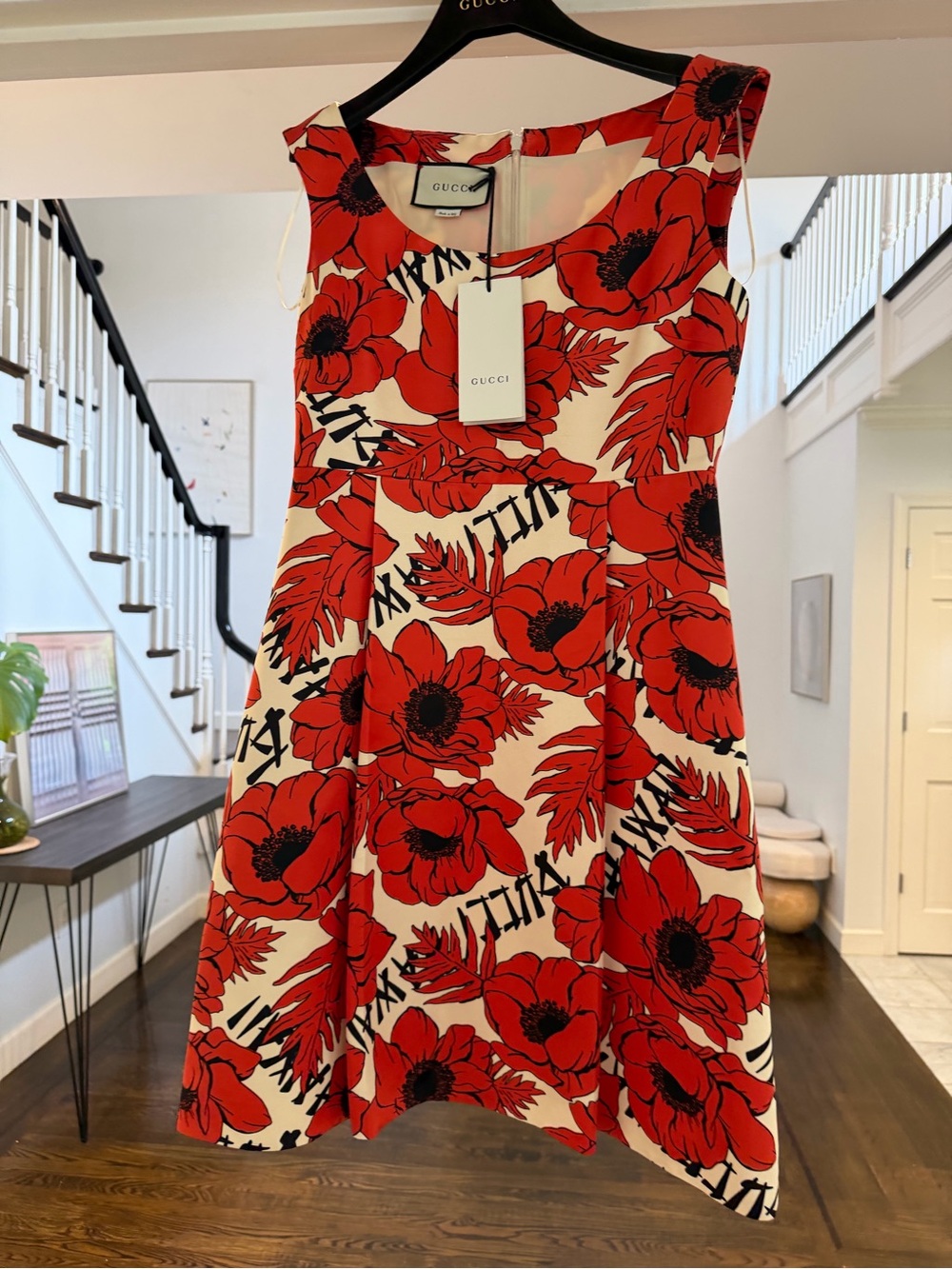 Gucci Red and Cream Floral Fit-and-Flare Midi Dress